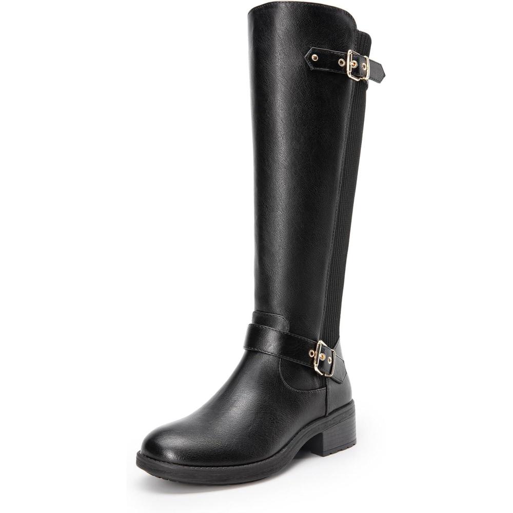 imageDREAM PAIRS Womens Knee High Boots Comfortable Elastic Knit Fabric Chunky Block Heel Round Toe Side Zipper Riding Biker Motorcycle Buckle BootsSize 85BLACKFABRICUTAH1