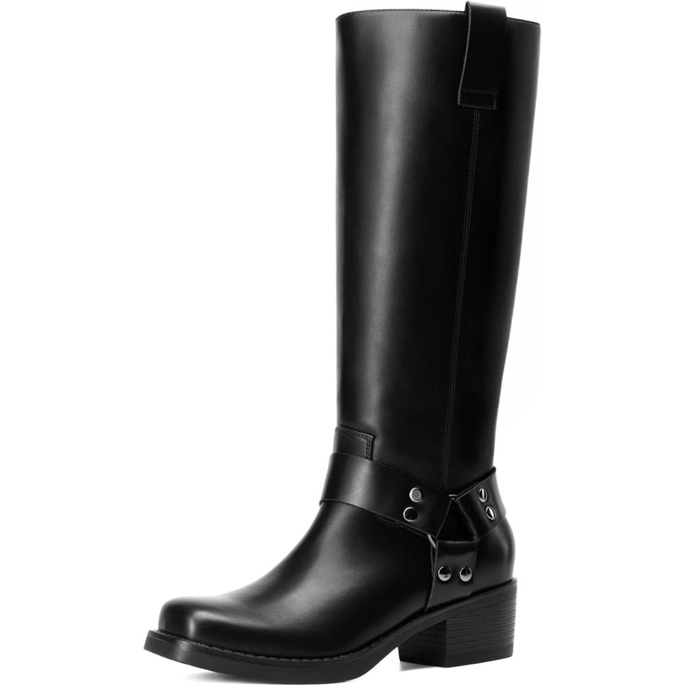 imageDREAM PAIRS Womens Knee High Boots Motorcycle Riding Pullon Fashion Long Square Toe Buckle Biker Boots for WomenBlack