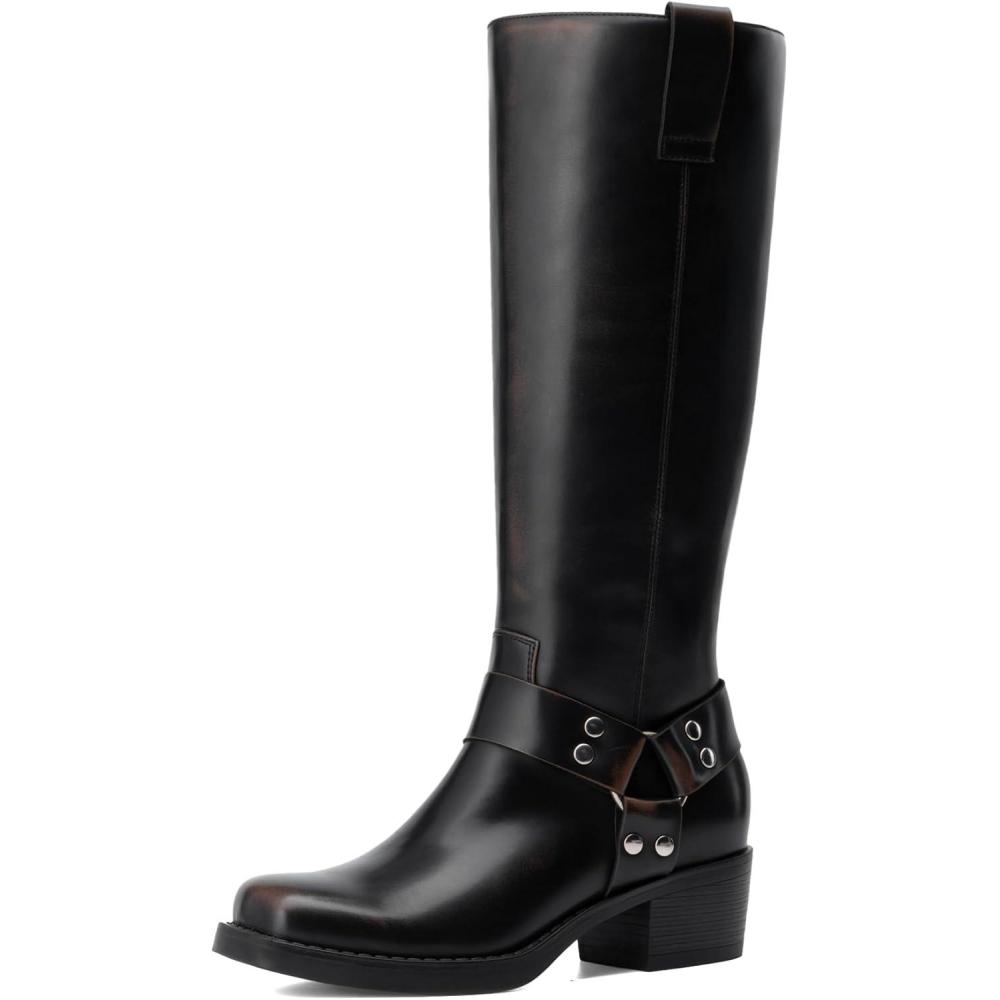 imageDREAM PAIRS Womens Knee High Boots Motorcycle Riding Pullon Fashion Long Square Toe Buckle Biker Boots for WomenBlackBrown