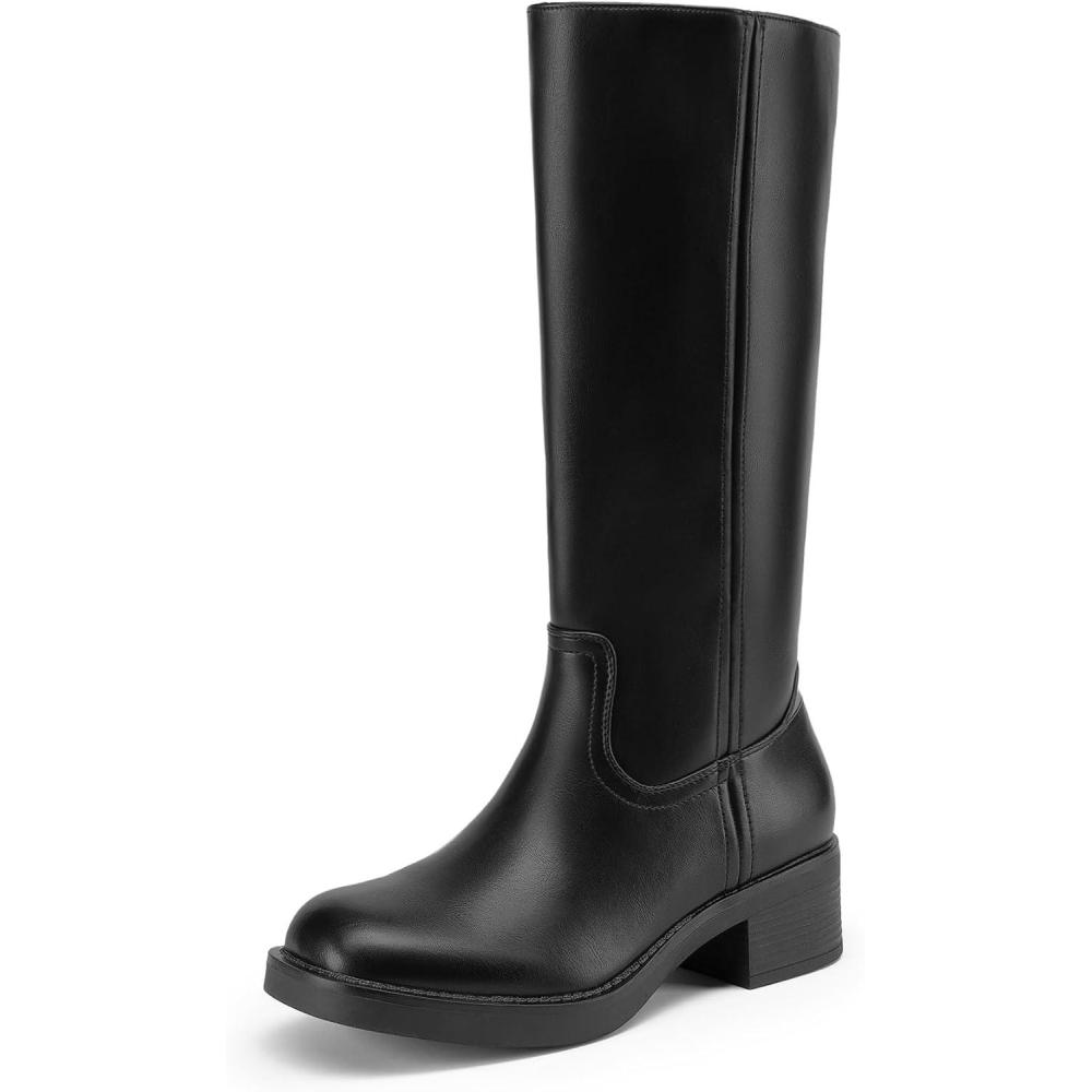 imageDREAM PAIRS Womens Knee High Boots Square Toe Platform Chunky Block Heel Banana Campus Boots for Women Comfortable Low Heel Side Zipper Womens Riding Tall BootsBlack
