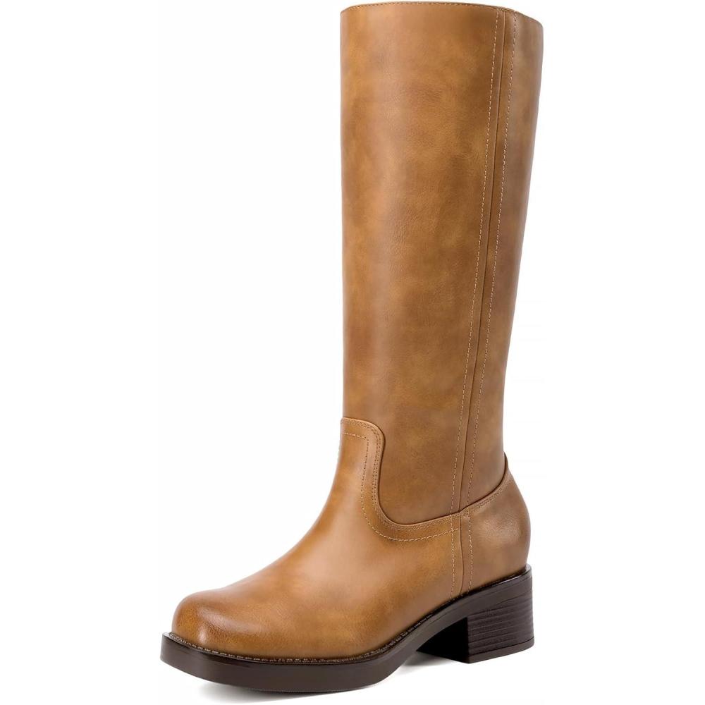imageDREAM PAIRS Womens Knee High Boots Square Toe Platform Chunky Block Heel Banana Campus Boots for Women Comfortable Low Heel Side Zipper Womens Riding Tall BootsTan