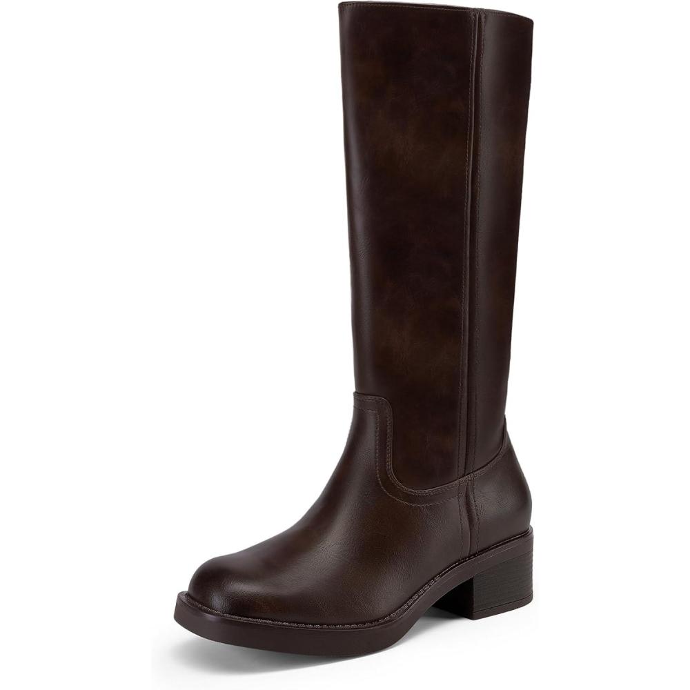imageDREAM PAIRS Womens Knee High Boots Square Toe Platform Chunky Block Heel Banana Campus Boots for Women Comfortable Low Heel Side Zipper Womens Riding Tall BootsDark Brown