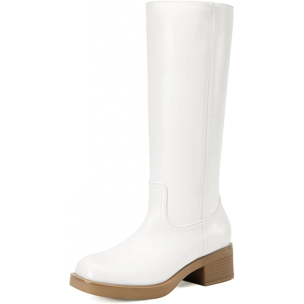 imageDREAM PAIRS Womens Knee High Boots Square Toe Platform Chunky Block Heel Banana Campus Boots for Women Comfortable Low Heel Side Zipper Womens Riding Tall BootsWhite