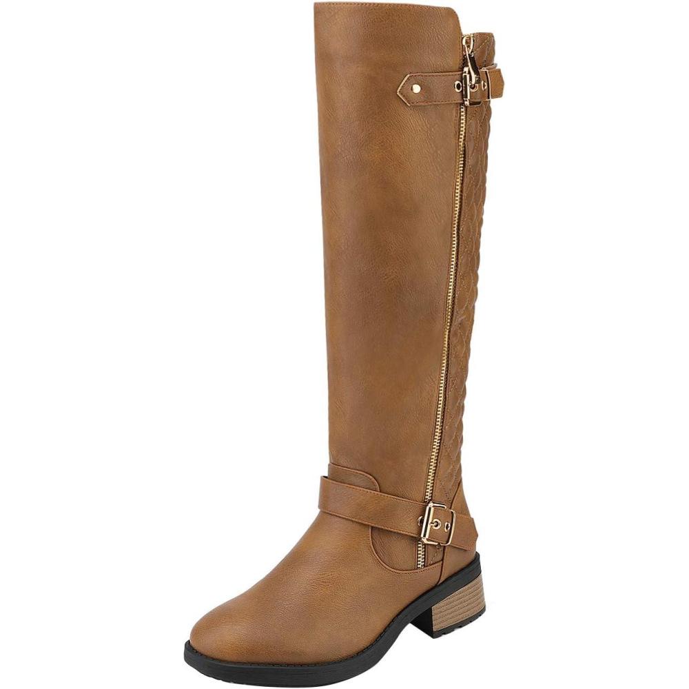 imageDREAM PAIRS Womens Knee High Boots Wide Calf Low Heel Riding Boots Fall Tall Boots for WomenCamel