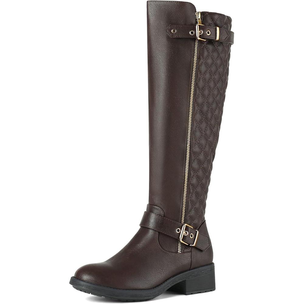 imageDREAM PAIRS Womens KneeHigh Boots Comfortable Chunky Block Heel Round Toe Side Zipper Riding Fashion Buckles Biker Motorcycle BootsBrown