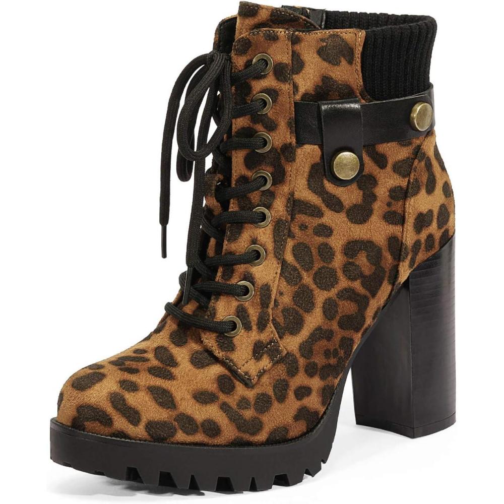 imageDREAM PAIRS Womens Lace up Combat Ankle Boots High Chunky Heel Fashion Heeled Booties ShoesLeopard