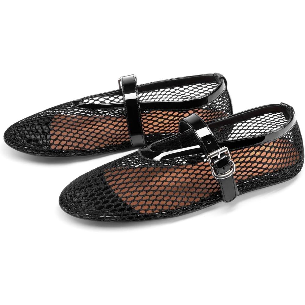 imageDREAM PAIRS Womens Mesh Ballet Flats Dressy Round Toe Comfortable Mary Jane Flat Shoes with Buckle StrapBlack