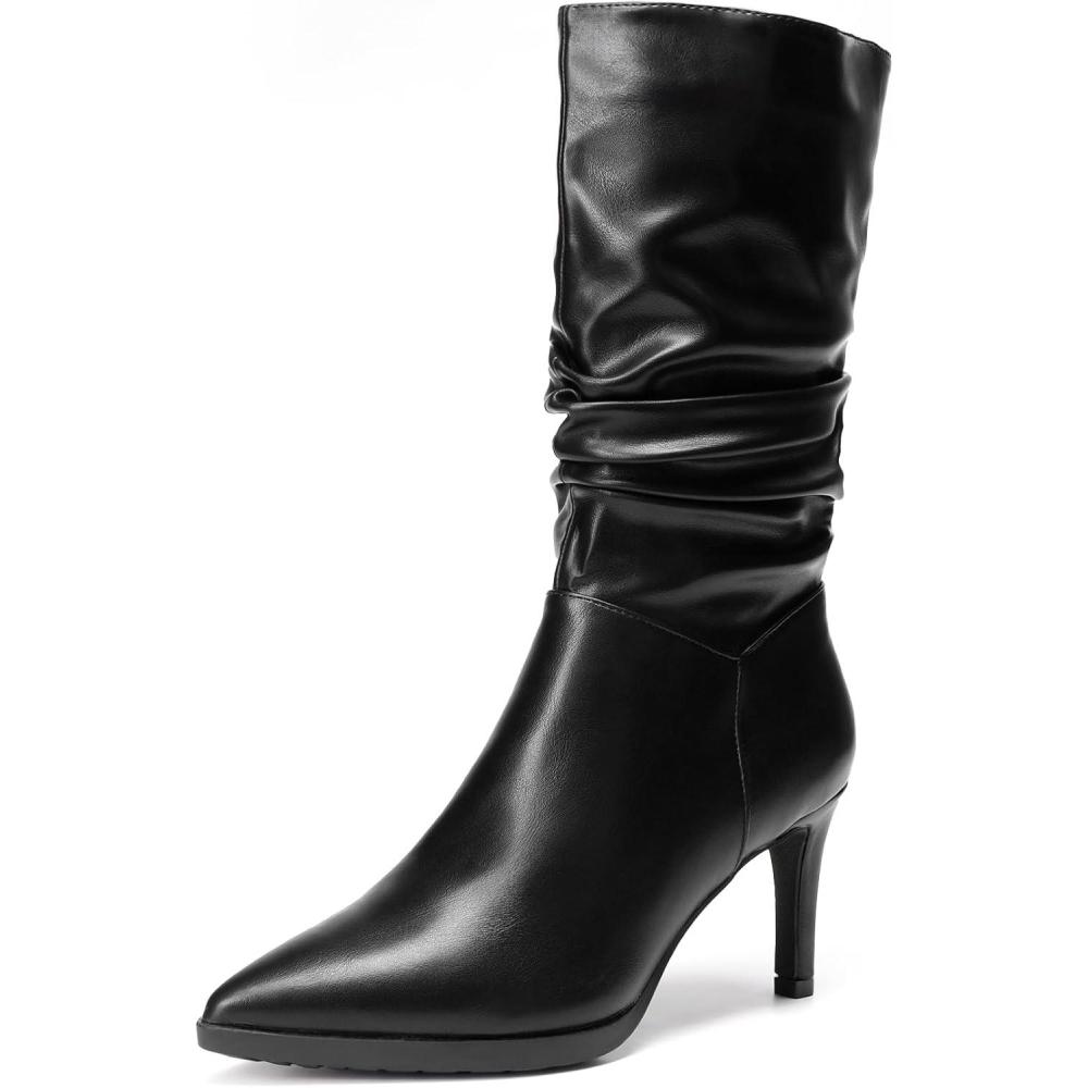 imageDREAM PAIRS Womens Mid Calf Boots High Heels Pointed Toe Zip Fashion Dressy BootBlack