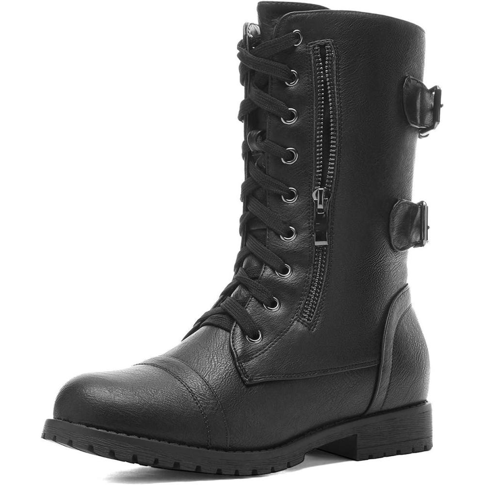 imageDREAM PAIRS Womens Mid Calf Builtin Wallet Pocket Lace up Military Combat BootsBlack