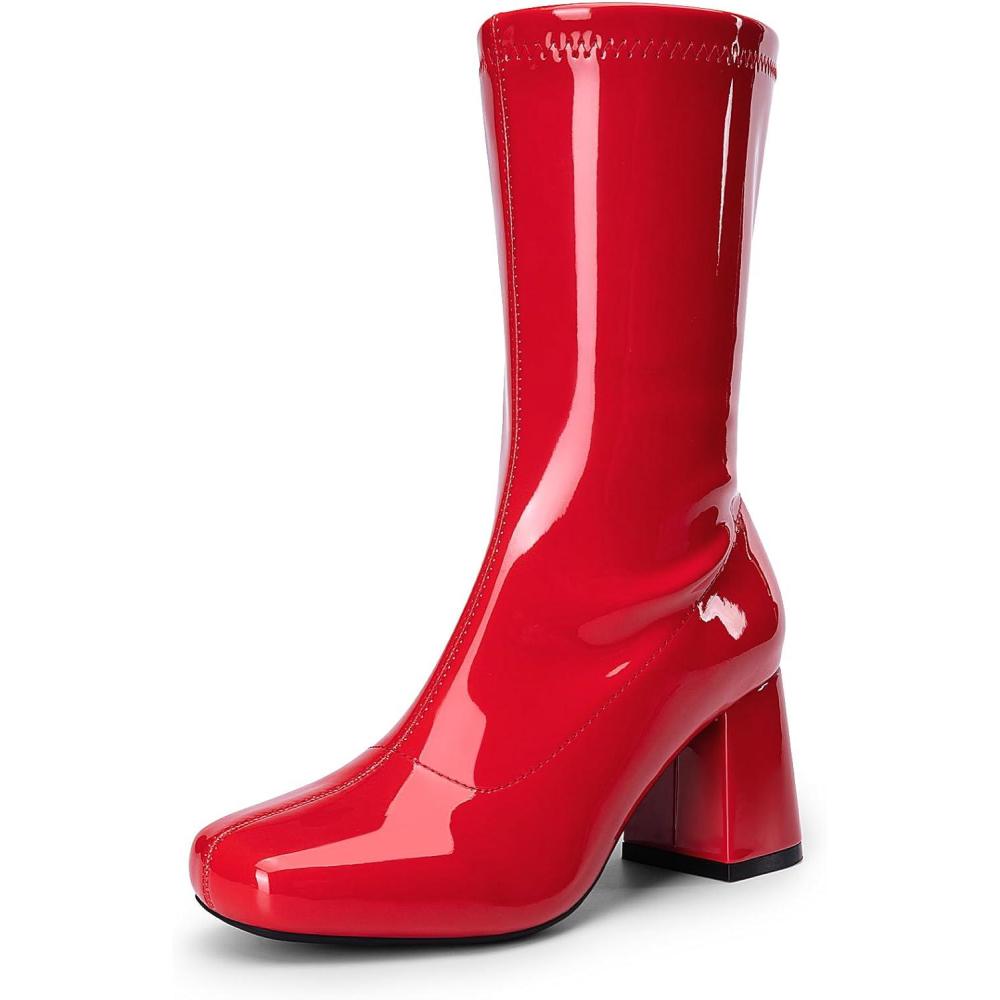 imageDREAM PAIRS Womens Mid Calf Gogo Boots Low Block Heel Square Toe Ankle Boot with Zipper for Party Cosplay DanceRed