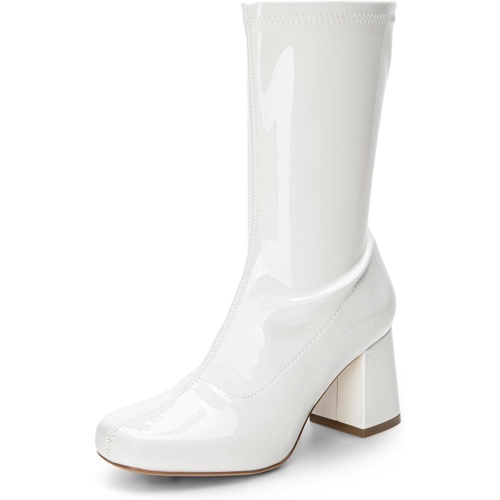 imageDREAM PAIRS Womens Mid Calf Gogo Boots Low Block Heel Square Toe Ankle Boot with Zipper for Party Cosplay DanceWhitepat1