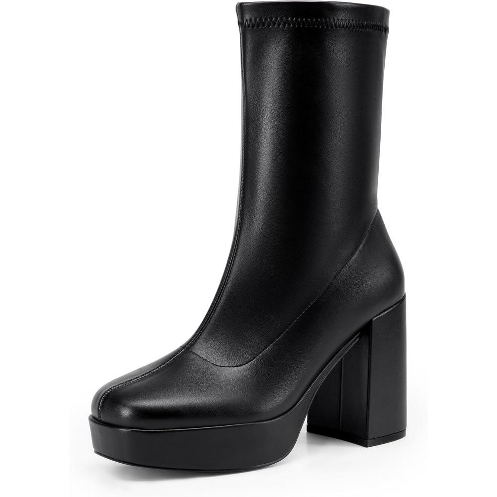 imageDREAM PAIRS Womens Mid Calf Gogo Boots Platform High Chunky Block Heel Square Toe Ankle BootsBlackpu