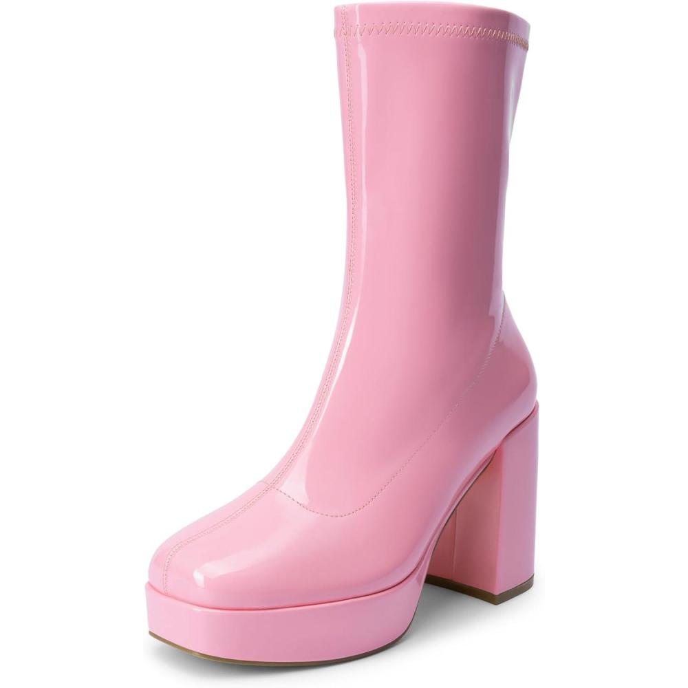 imageDREAM PAIRS Womens Mid Calf Gogo Boots Platform High Chunky Block Heel Square Toe Ankle BootsPink