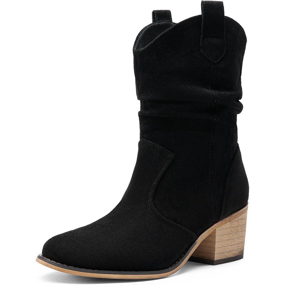 imageDREAM PAIRS Womens Modern Western Cowboy Boots Mid Calf Round toe Chunky Heel Cowgirl Country Ankle Boots with Pull On TabsBlacksuede