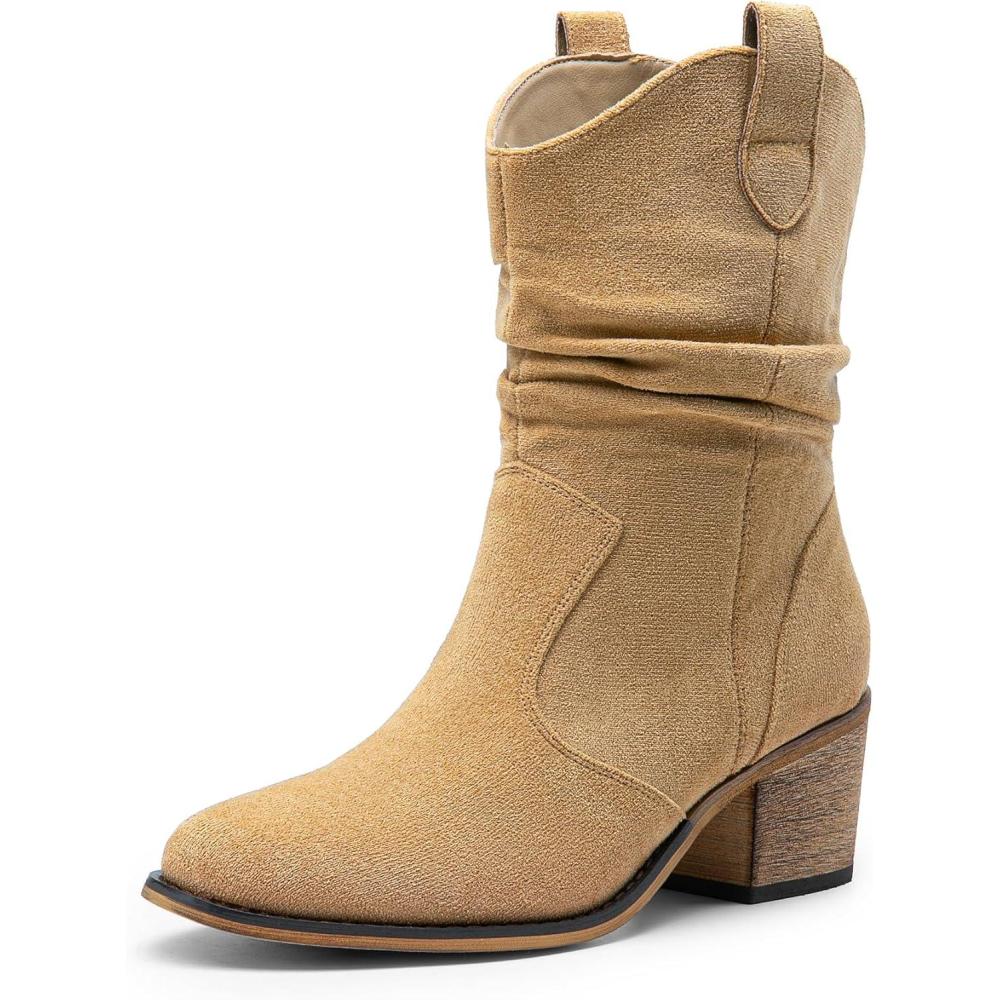 imageDREAM PAIRS Womens Modern Western Cowboy Boots Mid Calf Round toe Chunky Heel Cowgirl Country Ankle Boots with Pull On TabsKhakisuede
