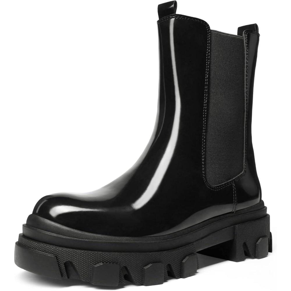 imageDREAM PAIRS Womens Platform Chelsea Boots Lug Sole Combat Mid Calf Slip On Chunky Ankle BootiesBlack