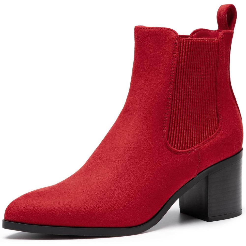 imageDREAM PAIRS Womens Retro Elastic Chelsea Ankle Boots Fashion Low Chunky Block Heel Pointed Toe Fall Heeled Booties ShoesRedsuede