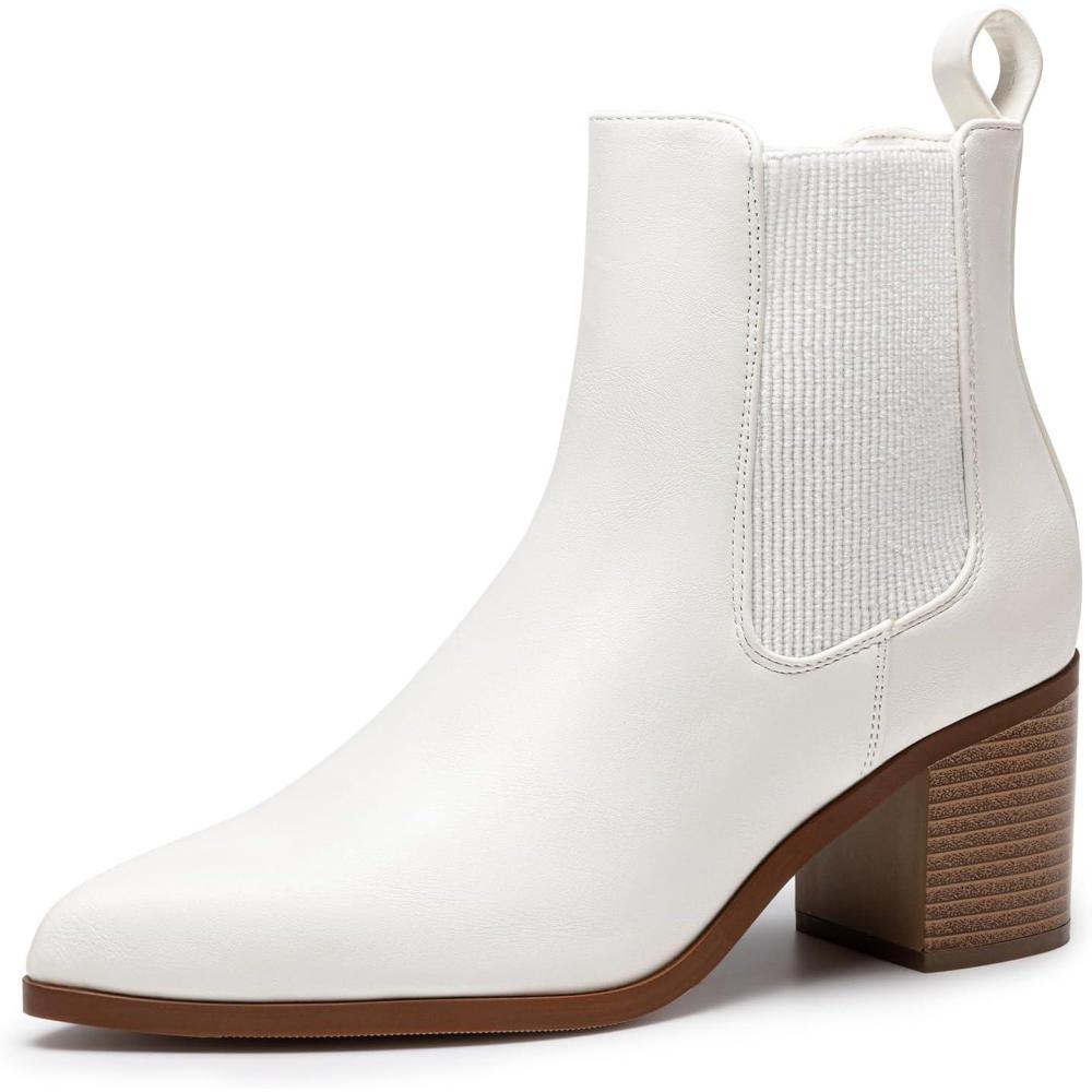 imageDREAM PAIRS Womens Retro Elastic Chelsea Ankle Boots Fashion Low Chunky Block Heel Pointed Toe Fall Heeled Booties ShoesWhitepu