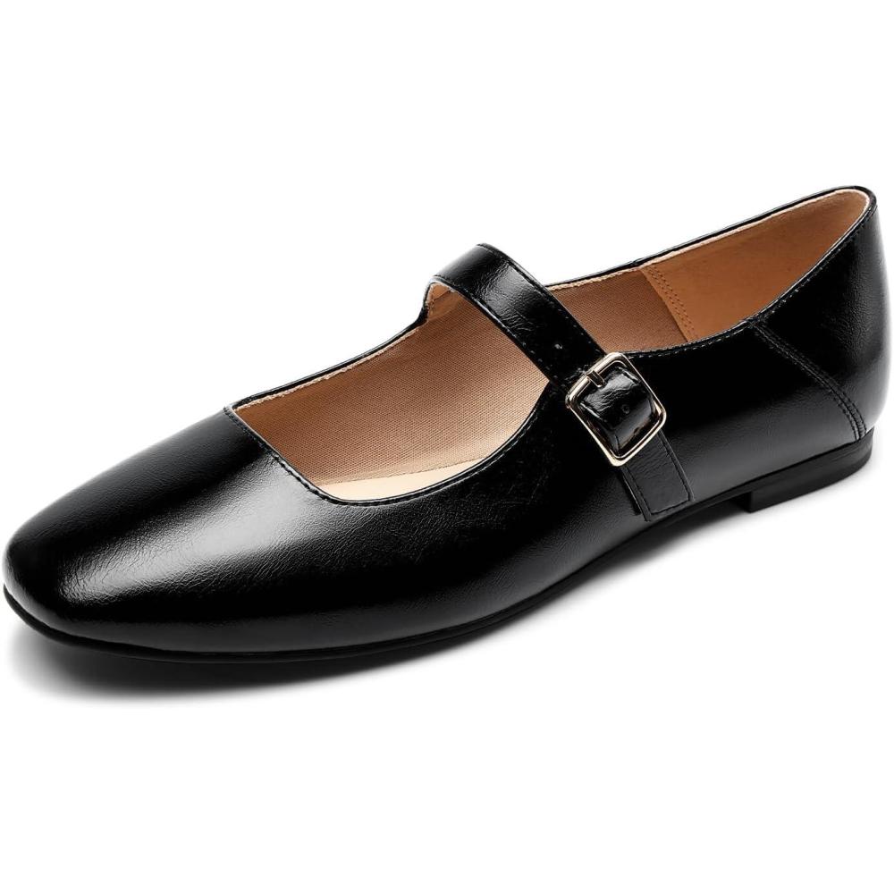 imageDREAM PAIRS Womens Silver Square Toe Mary Jane Flats Comfortable Casual Slip On Dress Shoes with Buckle Strap for Womens Daily WearBlackoily