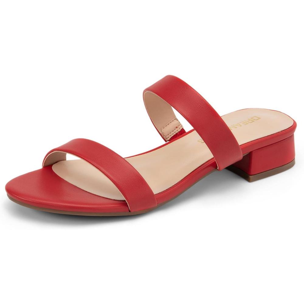 imageDREAM PAIRS Womens Slides Heels Slip On Low Block Sandals Two Strap Open Round Toe Chunky Casual Summer Mules ShoesRed