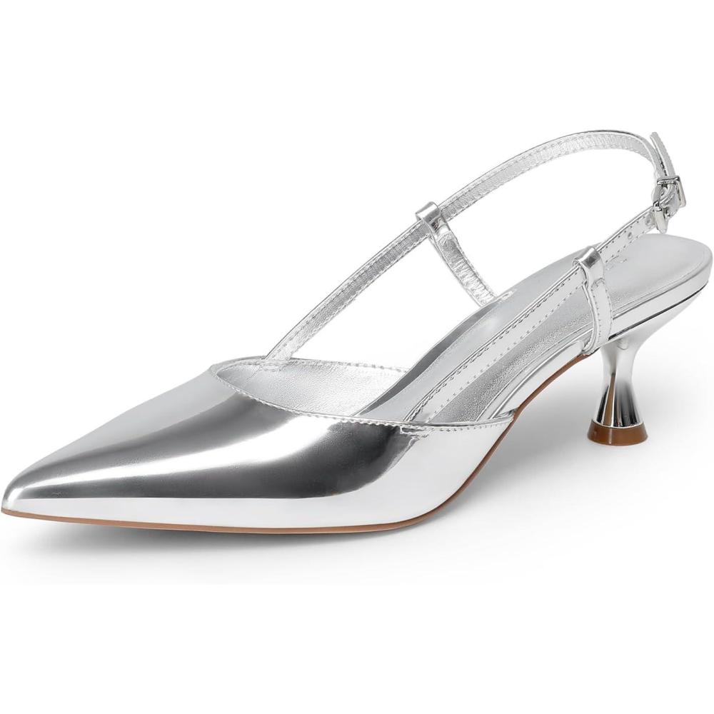imageDREAM PAIRS Womens Slingback Kitten Heels Closed Pointed Toe Low Stiletto Heels Dress Bridal Party Wedding Pumps ShoesSilver