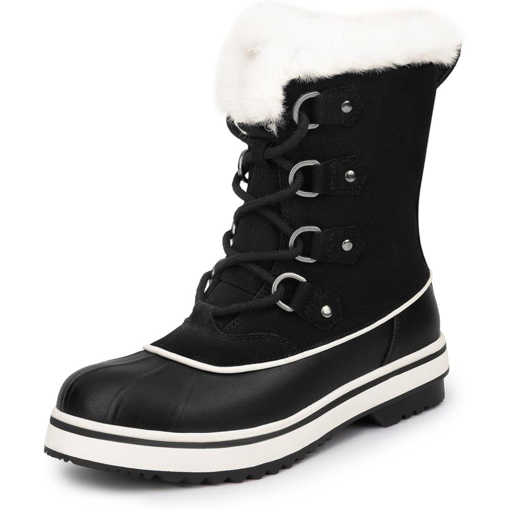 imageDREAM PAIRS Womens Snow Winter Boots Mid Calf Waterproof Warm Faux Fur Lined Lace Up Antislip Outdoor Duck BootsBlack