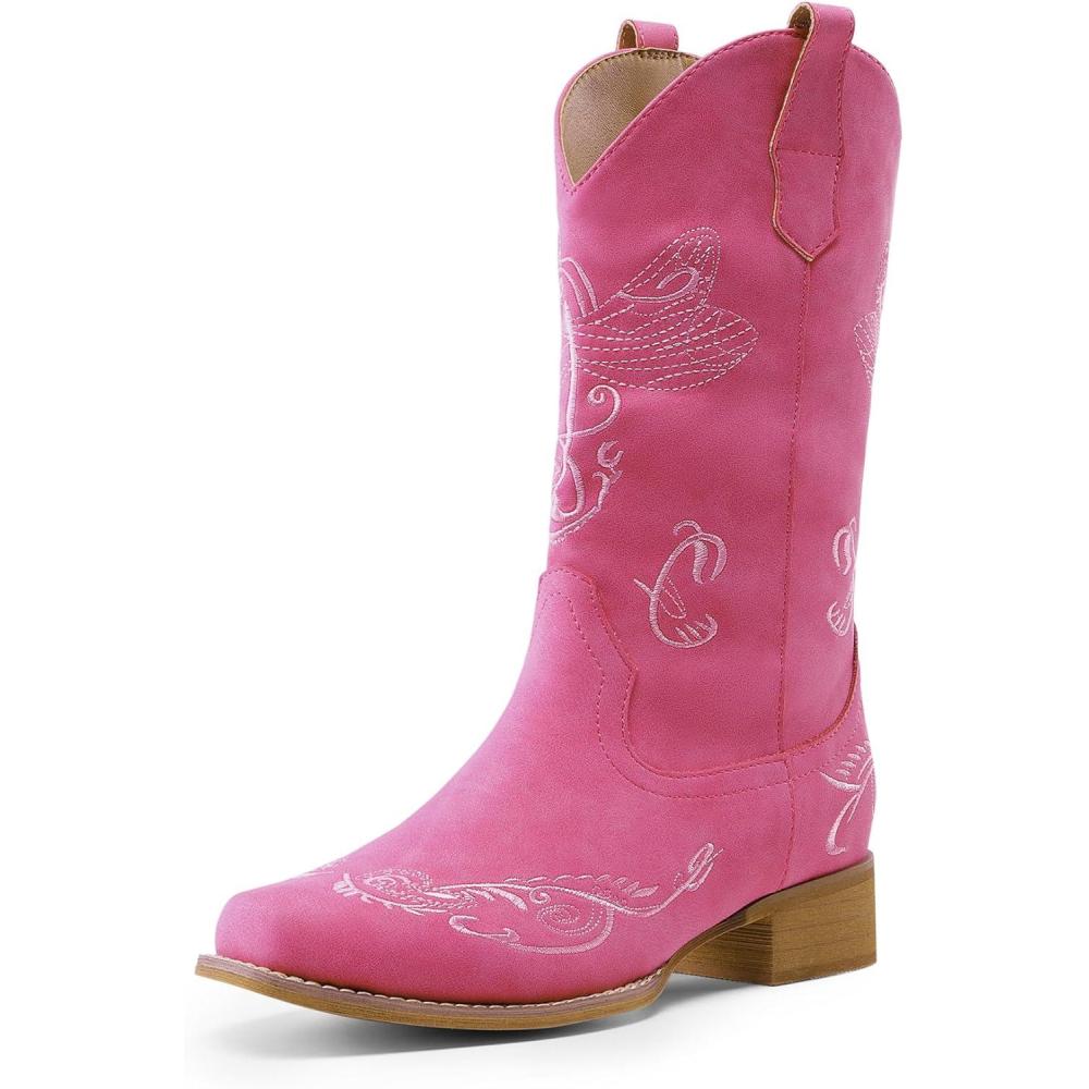 imageDREAM PAIRS Womens Square Toe Cowboy Cowgirl Boots Pull On Low Chunky Heel Mid Calf Western Boots with Embroidered Stitched for Theme Party Country ConcertPink