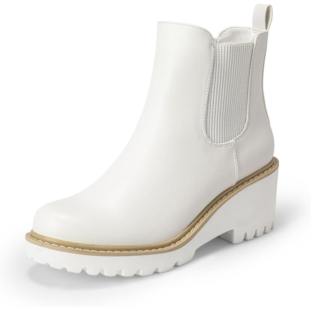 imageDREAM PAIRS Womens Wedge Chelsea Ankle Boots Fashion Round Toe Low Wedge Heel Platform Booties ShoesWhitepu