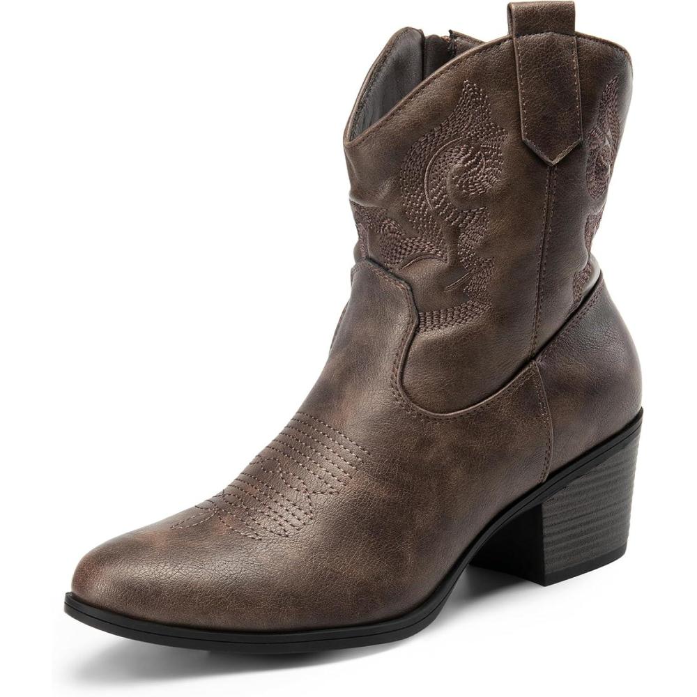 imageDREAM PAIRS Womens Western Cowboy Cowgirl Embroidered Ankle Boots Fashion Low chunky Heel Round Toe Fall Short Booties ShoesBrown