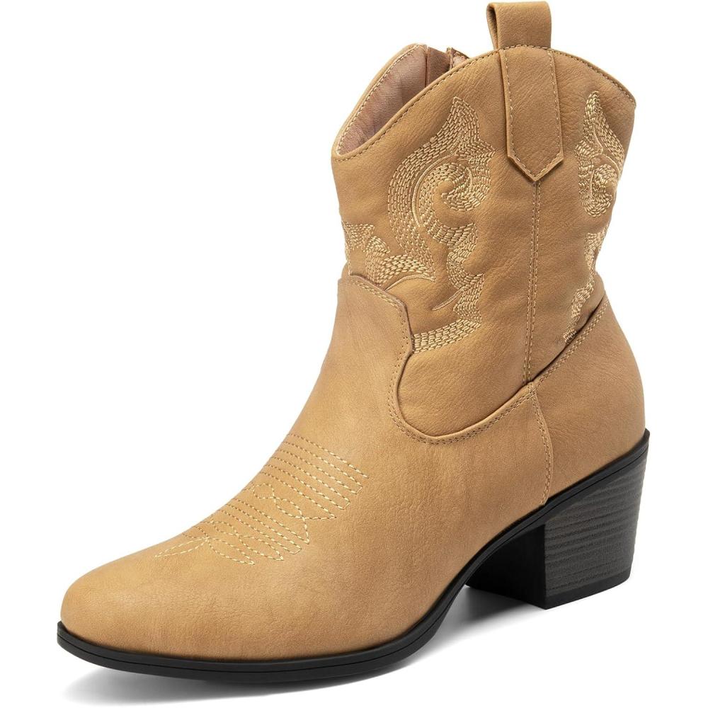 imageDREAM PAIRS Womens Western Cowboy Cowgirl Embroidered Ankle Boots Fashion Low chunky Heel Round Toe Fall Short Booties ShoesTan