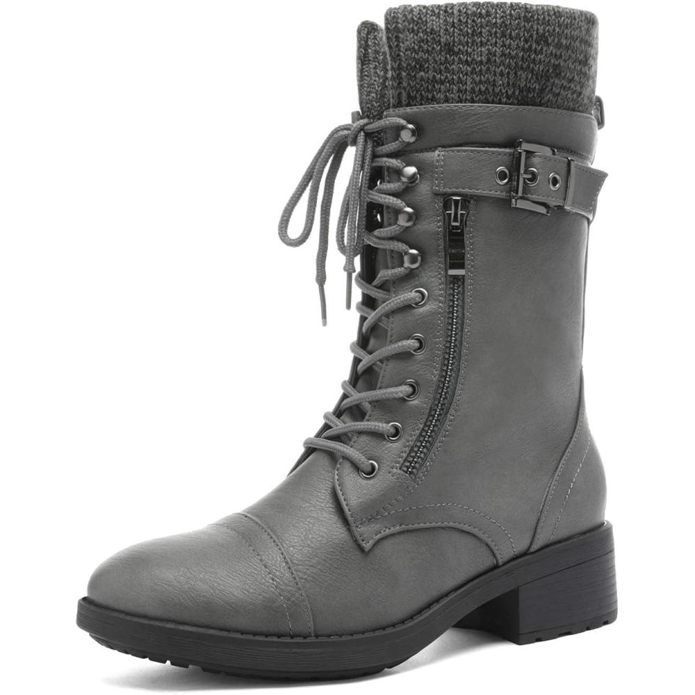 imageDREAM PAIRS Womens Winter Lace up Mid Calf Combat Riding Military BootsAmazongrey