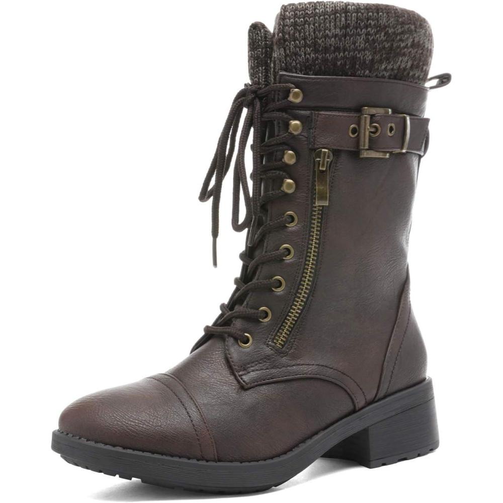 imageDREAM PAIRS Womens Winter Lace up Mid Calf Combat Riding Military BootsBrown