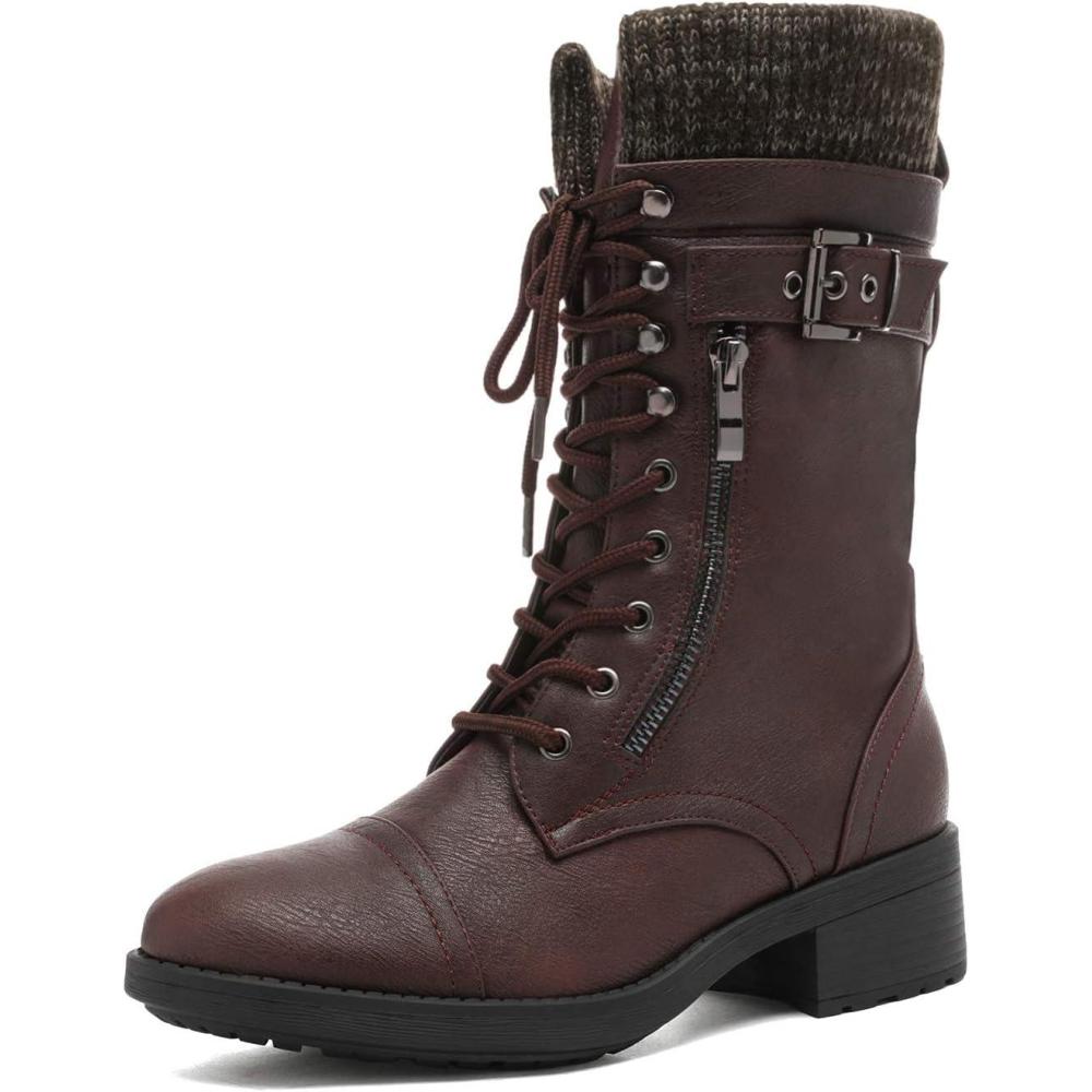 imageDREAM PAIRS Womens Winter Lace up Mid Calf Combat Riding Military BootsBurgundy