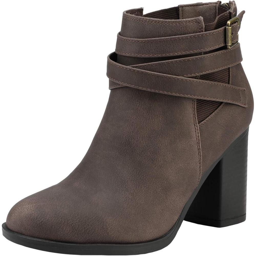 imageTOETOS Womens Chunky High Heel Ankle Boots Close Toe Fall Heeled Booties ShoesBrown