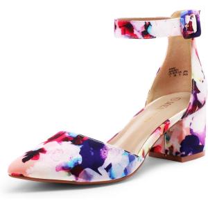 DREAM PAIRS ANNEE Pointed Toe Low Chunky Heels Pump Shoes(Floral)