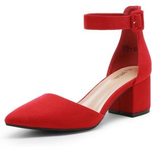 DREAM PAIRS ANNEE Pointed Toe Low Chunky Heels Pump Shoes(Red/Suede)