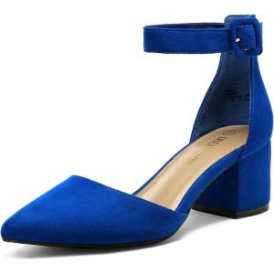 DREAM PAIRS ANNEE Pointed Toe Low Chunky Heels Pump Shoes(Royal/Blue)