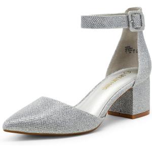 DREAM PAIRS ANNEE Pointed Toe Low Chunky Heels Pump Shoes(Silver/Glitter)