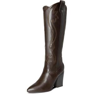 DREAM PAIRS Cowboy Boots For Women, Comfortable Pull On Zipper Chunky Heel Pointed Toe Embroidered Western Cowgirl Knee High Boots(Brown)