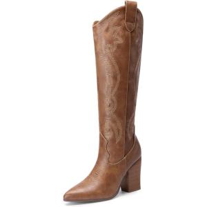 DREAM PAIRS Cowboy Boots For Women, Comfortable Pull On Zipper Chunky Heel Pointed Toe Embroidered Western Cowgirl Knee High Boots(Light Brown)