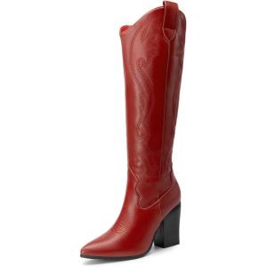 DREAM PAIRS Cowboy Boots For Women, Comfortable Pull On Zipper Chunky Heel Pointed Toe Embroidered Western Cowgirl Knee High Boots(Red-pu)