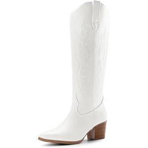 DREAM PAIRS Cowboy Boots for Women Cowgirl Knee High Boots Comfortable Pull On Zipper Chunky Heel Pointed Toe Embroidered Western Boots,Size 8,White,SDKB2410W
