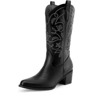 DREAM PAIRS Cowboy Boots for Women Cowgirl Western Boots Fashion Embroidery Stitched Chunky Heel Mid Calf Boots(Black-pu)