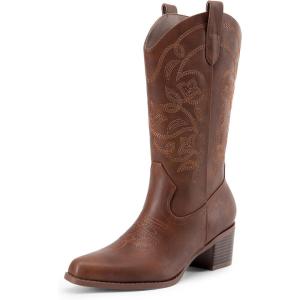 DREAM PAIRS Cowboy Boots for Women Cowgirl Western Boots Fashion Embroidery Stitched Chunky Heel Mid Calf Boots(Brown-pu)