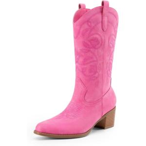 DREAM PAIRS Cowboy Boots for Women Cowgirl Western Boots Fashion Embroidery Stitched Chunky Heel Mid Calf Boots(Pink-nubuck)