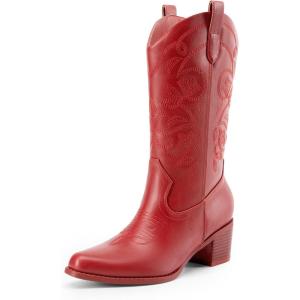 DREAM PAIRS Cowboy Boots for Women Cowgirl Western Boots Fashion Embroidery Stitched Chunky Heel Mid Calf Boots(Red-pu)