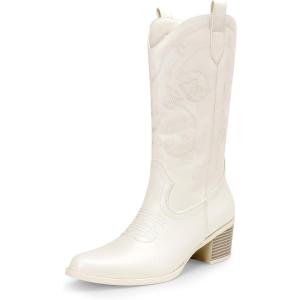 DREAM PAIRS Cowboy Boots for Women Cowgirl Western Boots Fashion Embroidery Stitched Chunky Heel Mid Calf Boots(White-pu)