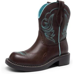 DREAM PAIRS Cowboy Cowgirl Boots for Women, Round Toe Embroidered Mid Calf Western Boots for Work, Country Concerts, Rodeos, Casual Outings(Brown)