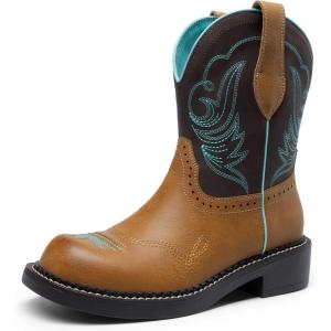 DREAM PAIRS Cowboy Cowgirl Boots for Women, Round Toe Embroidered Mid Calf Western Boots for Work, Country Concerts, Rodeos, Casual Outings(Tan/Brown)