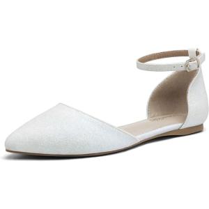 DREAM PAIRS Flapointed Women’s Casual D’Orsay Pointed Plain Ballet Comfort Soft Slip On Flats Shoes(White/Glitter)